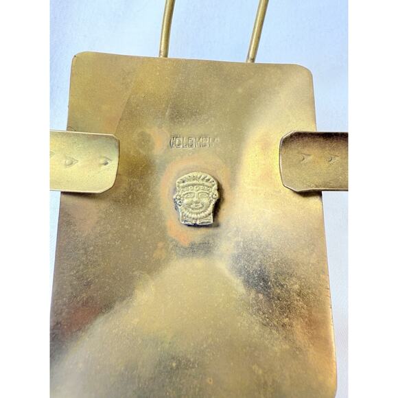 Vtg Brass Wheelbarrow Ashtray Marked Columbia With Pre-Columbian Metal Mask - Picture 5 of 13